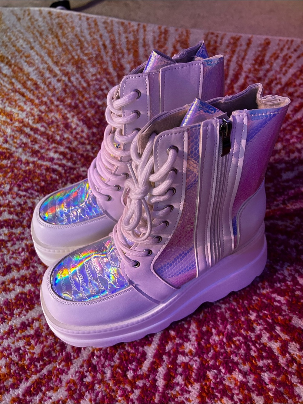 Iridescent White Platform Lace-Up Boots